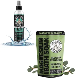 Coach Soak Eucalyptus Recovery Bath Soak & Magnesium Oil Spray with MSM - Fast-Absorbing Bath Salts with Dead Sea Minerals & Essential Oil, Plus 8oz Topical Spray for Muscles & Joints