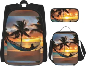 Coconut Beach Sunset Hammock Print Unisex Stylish Travel Backpack Set With Insulated Lunch Bag,Adjustable Straps