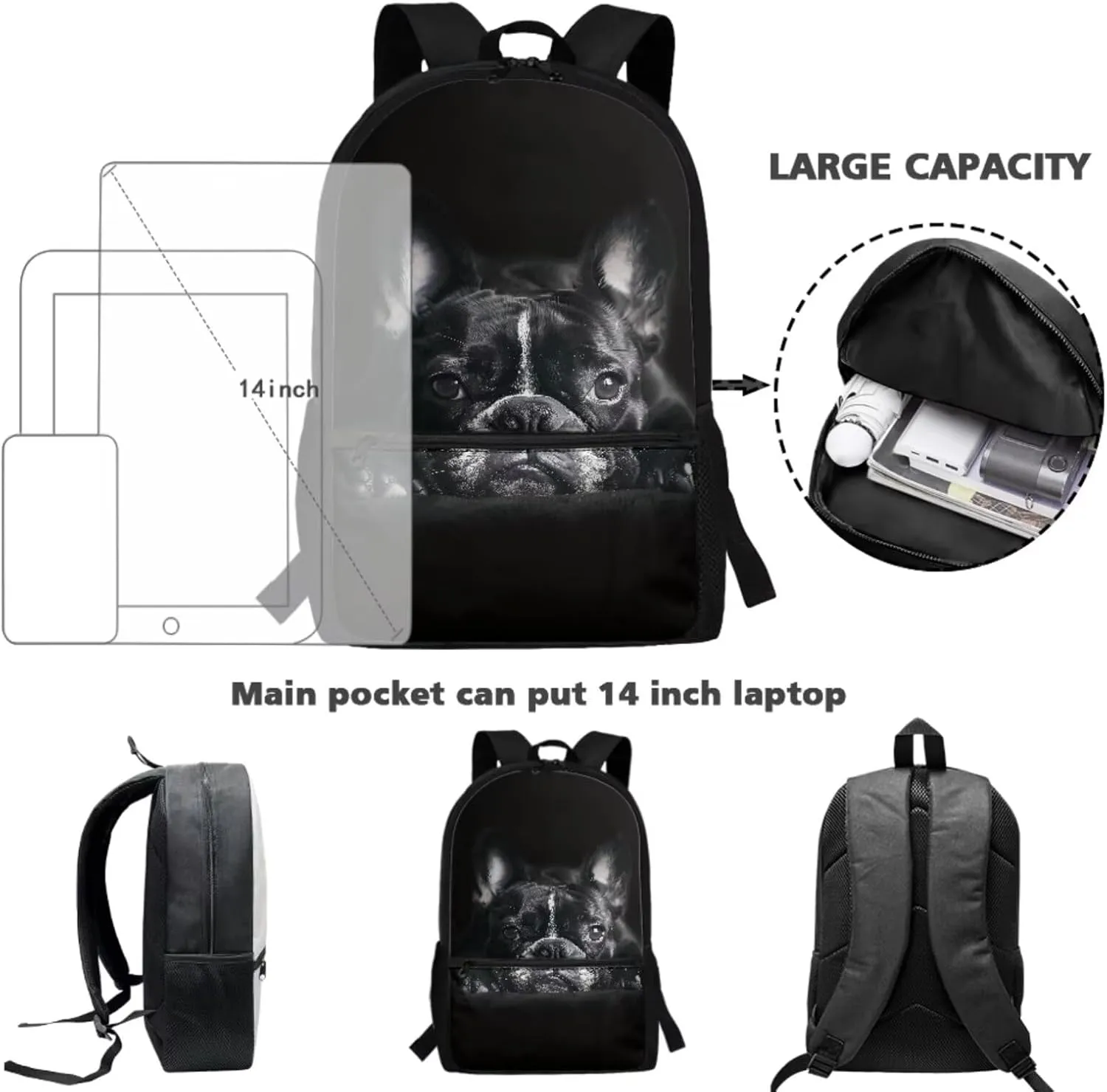 Coldinair Bulldog Backpack for Middle School Boys 4PCS Backpack Set for Teens Kids Children Student Bookbag Set with Lunch Box Water Bottle Holder Pencil Case Elementary School Kindergarten Backpack