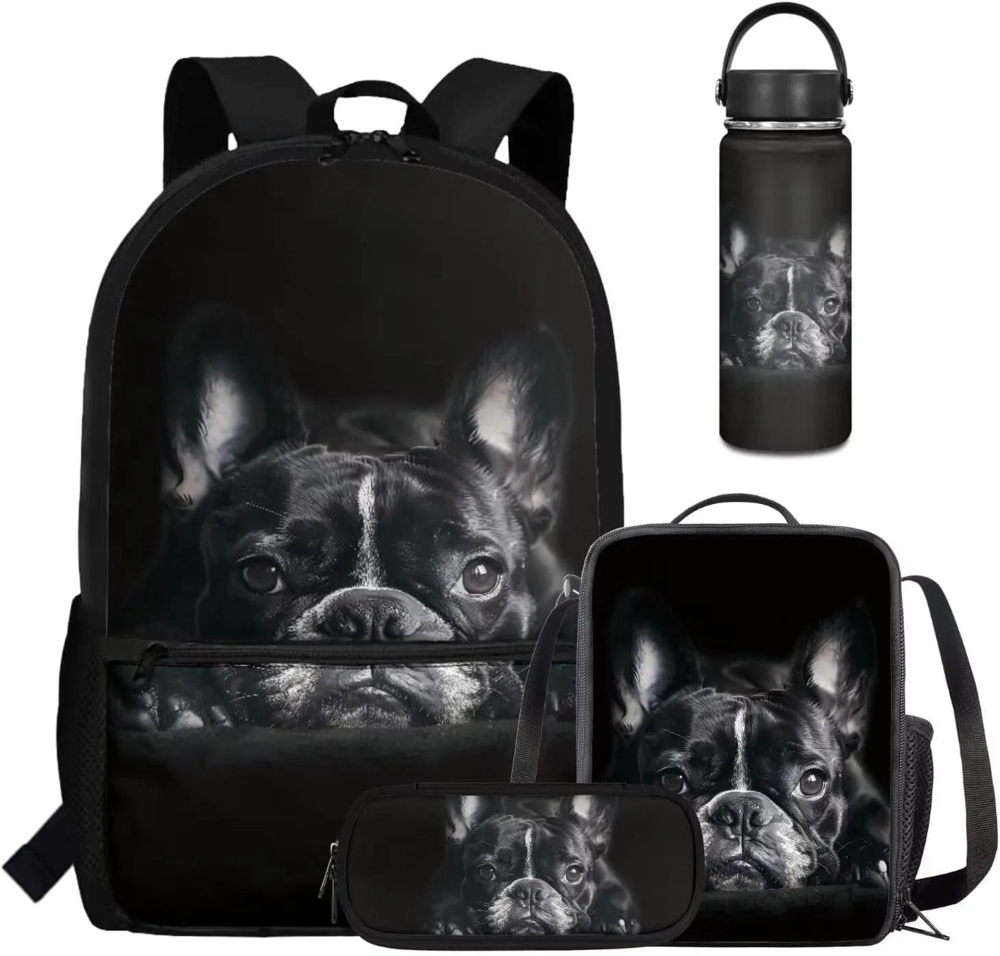 Coldinair Bulldog Backpack for Middle School Boys 4PCS Backpack Set for Teens Kids Children Student Bookbag Set with Lunch Box Water Bottle Holder Pencil Case Elementary School Kindergarten Backpack