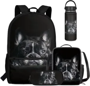 Coldinair Bulldog Backpack for Middle School Boys 4PCS Backpack Set for Teens Kids Children Student Bookbag Set with Lunch Box Water Bottle Holder Pencil Case Elementary School Kindergarten Backpack