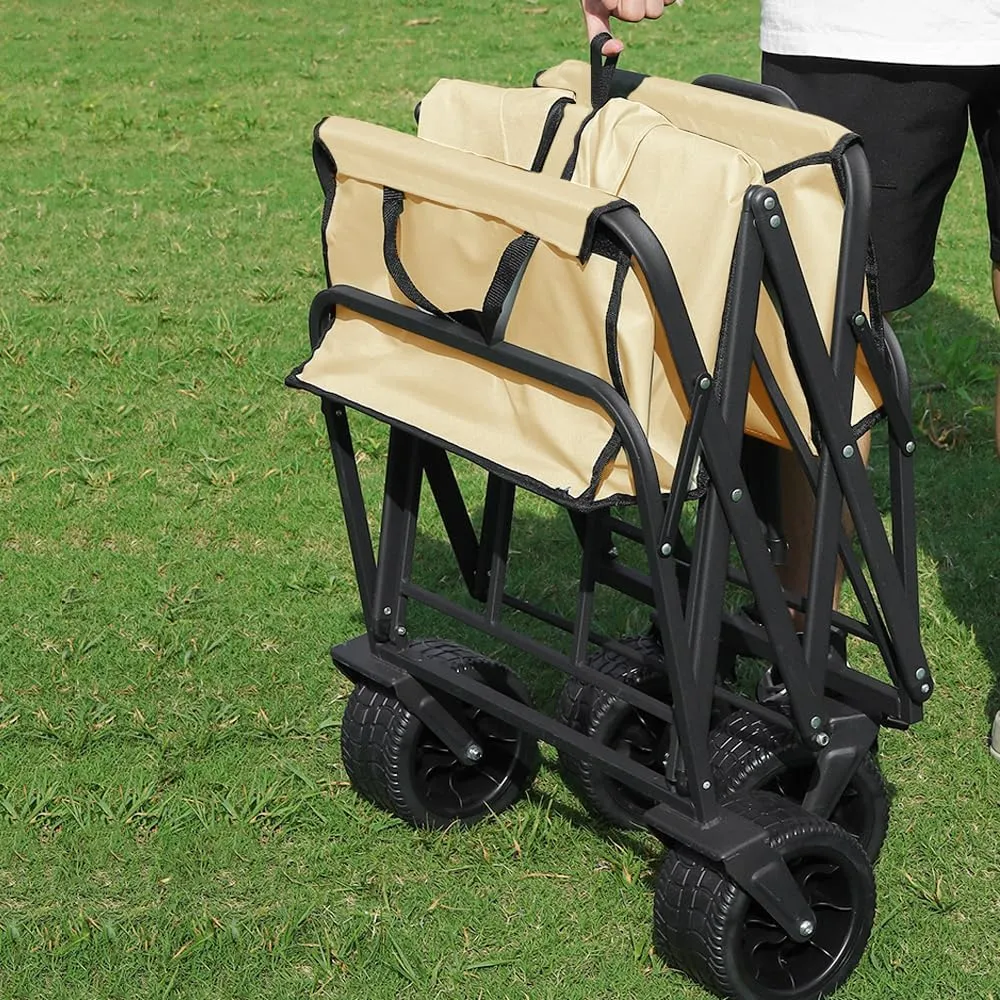 Collapsible Wagon Cart with Folding Table Top, Utility Camping Park Wagon Cart Heavy Duty Wagon Outdoor Park Beach Wagon Cart, Utility Grocery Wagon for Camping Sports Outdoor Shopping (Beige)