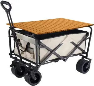 Collapsible Wagon Cart with Folding Table Top, Utility Camping Park Wagon Cart Heavy Duty Wagon Outdoor Park Beach Wagon Cart, Utility Grocery Wagon for Camping Sports Outdoor Shopping (Beige)