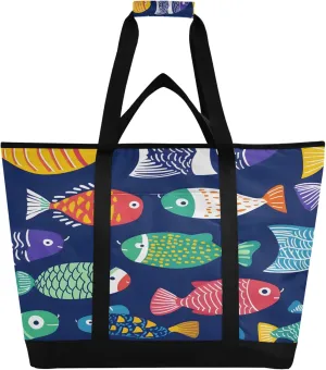 Colorful Fish Reusable Insulated Cooler Bag with Ice Pack Compartment - Large 47L Waterproof Thermal Grocery Tote for Picnic Beach Camping Lunch Storage