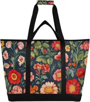Colorful Flower Black Large Insulated Cooler Bag, Collapsible Soft Cooler Makes a Perfect Insulated Grocery Bag, Food Delivery Bag, Travel Insulated Bag or Beach Cooler Bags
