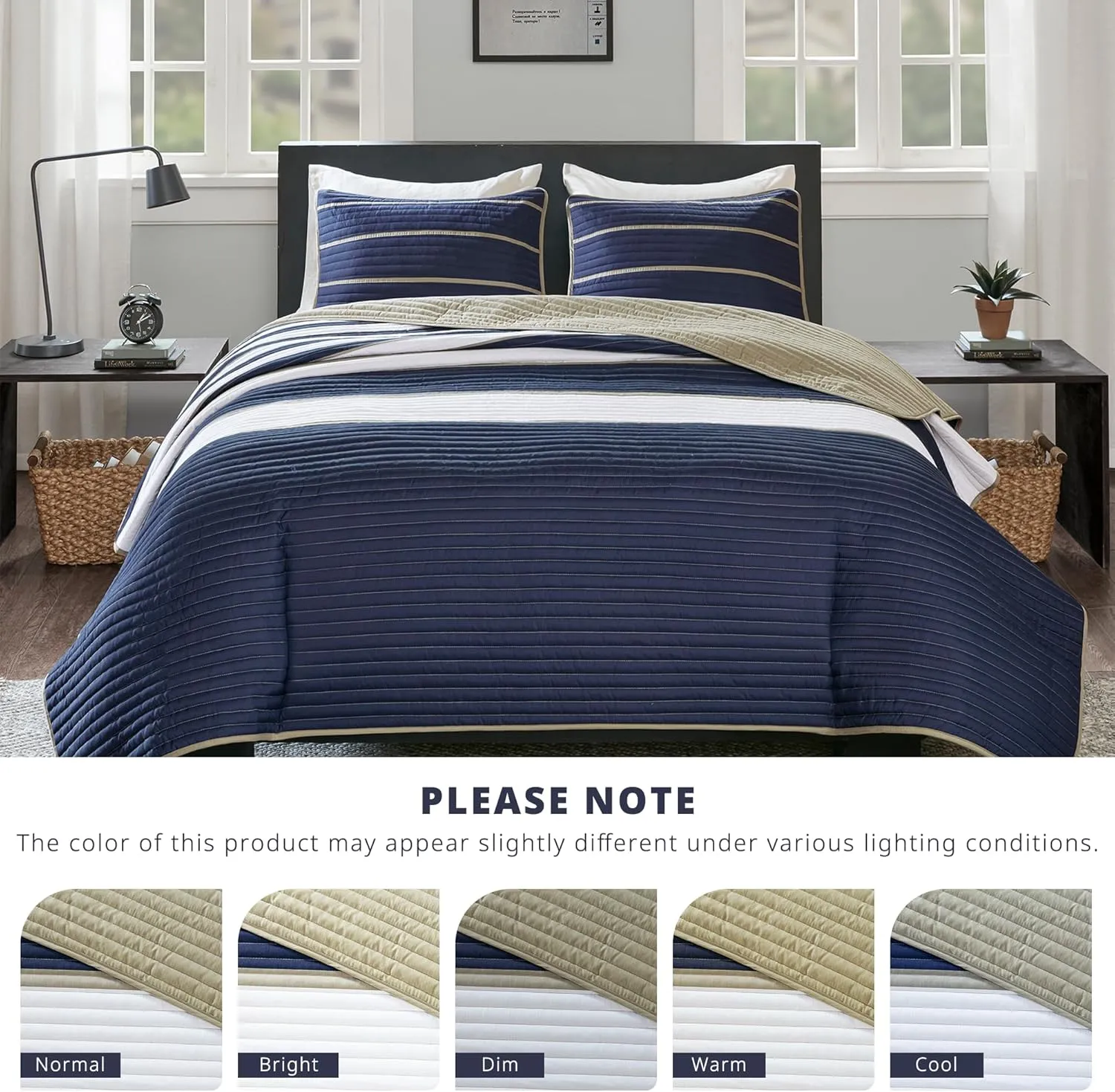 Comfort Spaces Quilt Set Trendy Casual Fun, Vibrant Color Design, Hypoallergenic All Season, Lightweight Coverlet Bedspread Cozy Kids Bedding & Sham Twin/Twin XL Verone White Blue Stripe 2 Piece