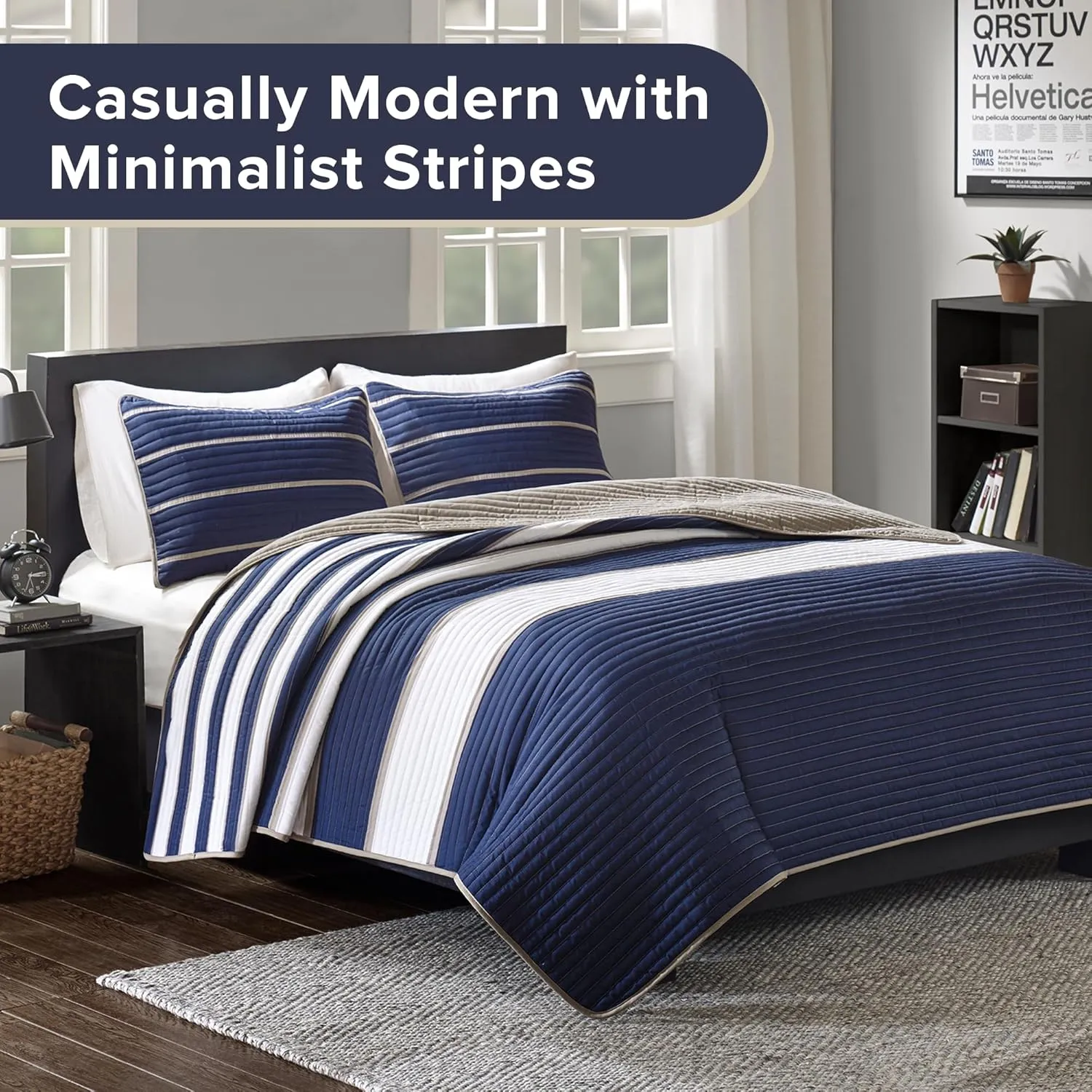 Comfort Spaces Quilt Set Trendy Casual Fun, Vibrant Color Design, Hypoallergenic All Season, Lightweight Coverlet Bedspread Cozy Kids Bedding & Sham Twin/Twin XL Verone White Blue Stripe 2 Piece