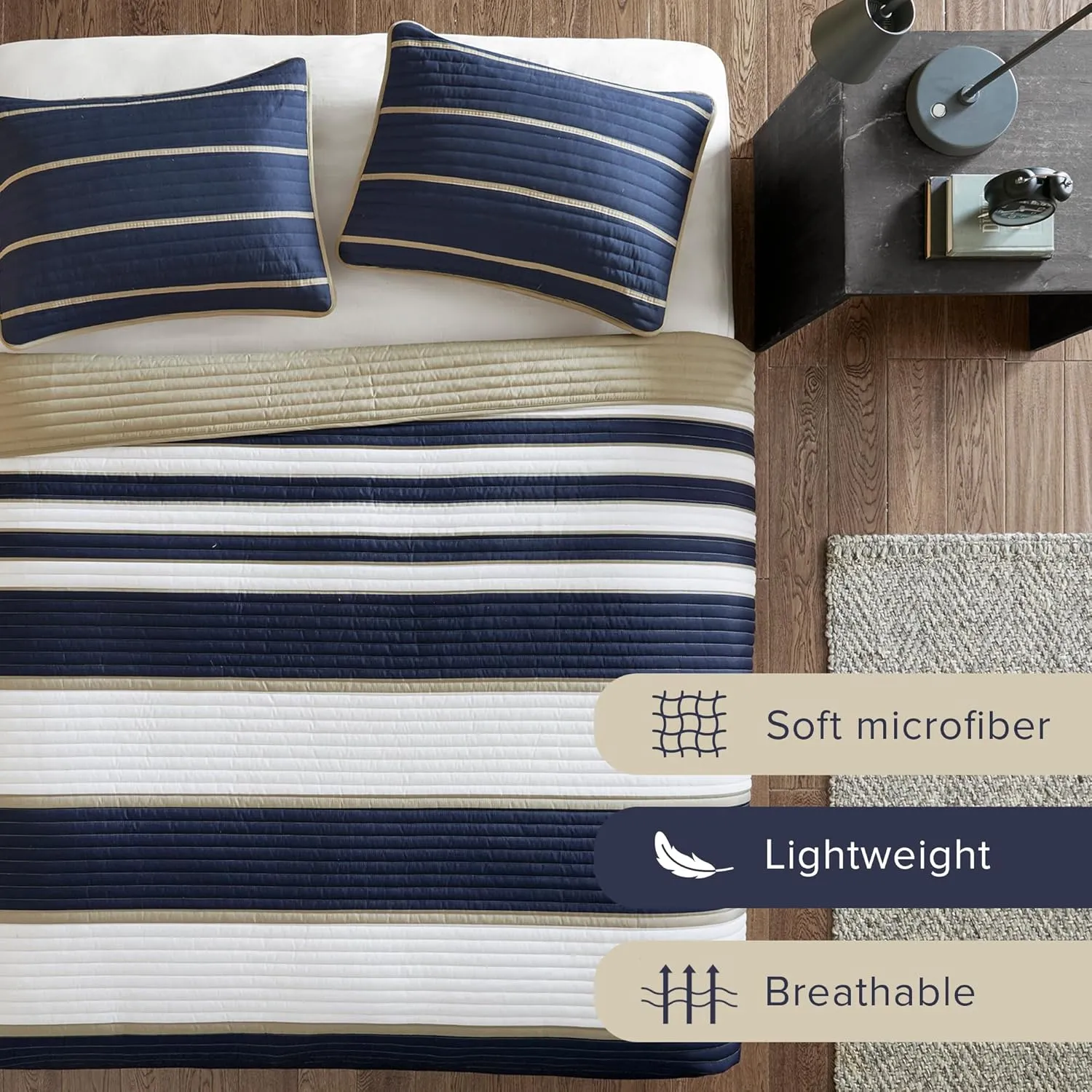 Comfort Spaces Quilt Set Trendy Casual Fun, Vibrant Color Design, Hypoallergenic All Season, Lightweight Coverlet Bedspread Cozy Kids Bedding & Sham Twin/Twin XL Verone White Blue Stripe 2 Piece