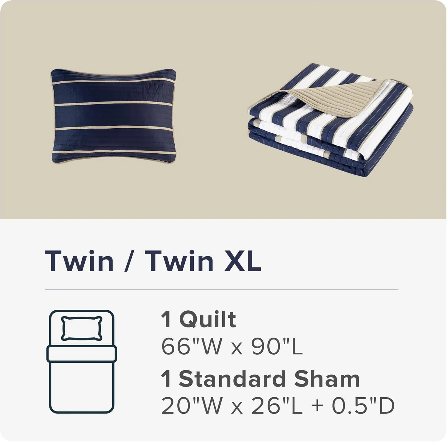 Comfort Spaces Quilt Set Trendy Casual Fun, Vibrant Color Design, Hypoallergenic All Season, Lightweight Coverlet Bedspread Cozy Kids Bedding & Sham Twin/Twin XL Verone White Blue Stripe 2 Piece