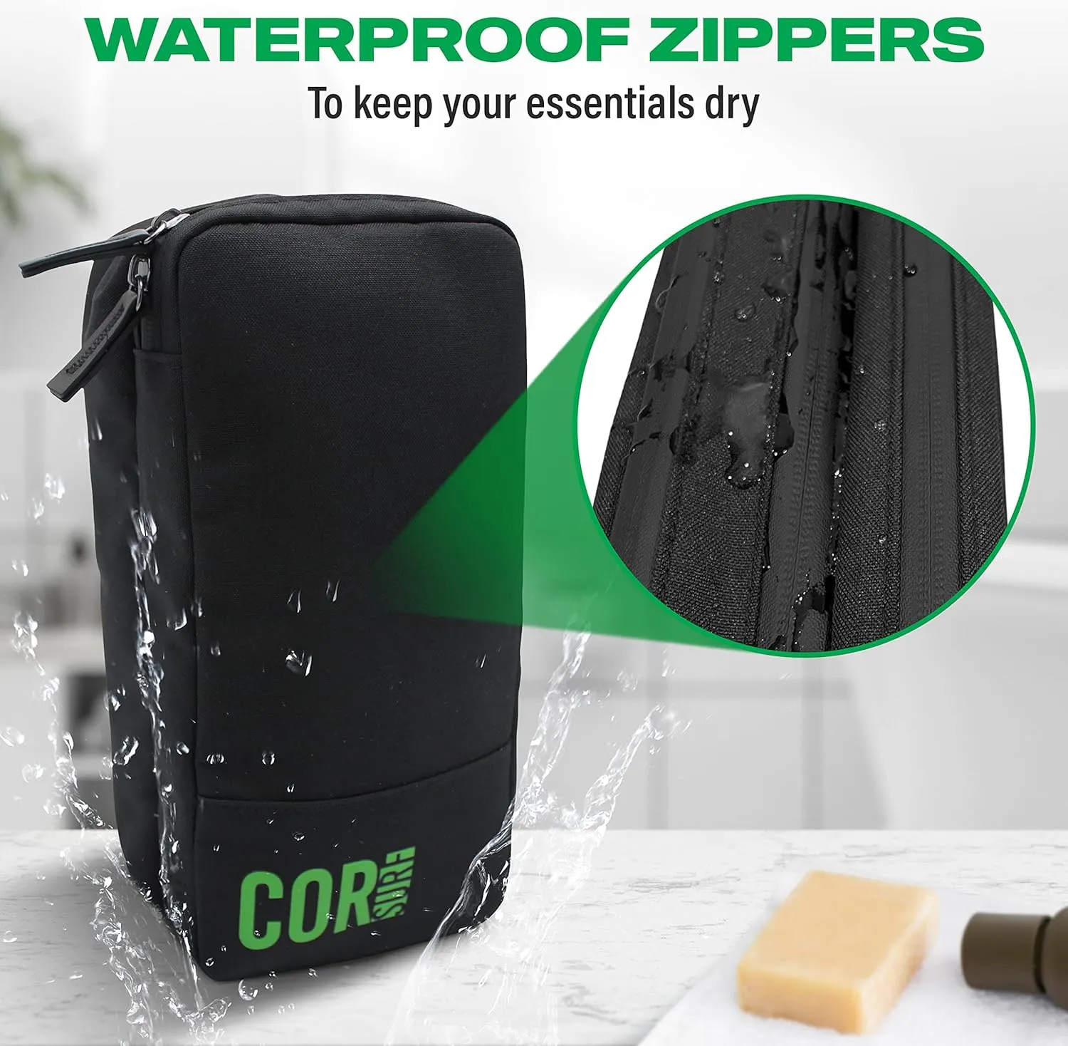 COR Surf Compact Toiletry Travel Bag Hanging, Premium Mens and Women Dopp Kit for Travel | Waterproof with 4 Separate Compartments and Waterproof Zippers (Black)