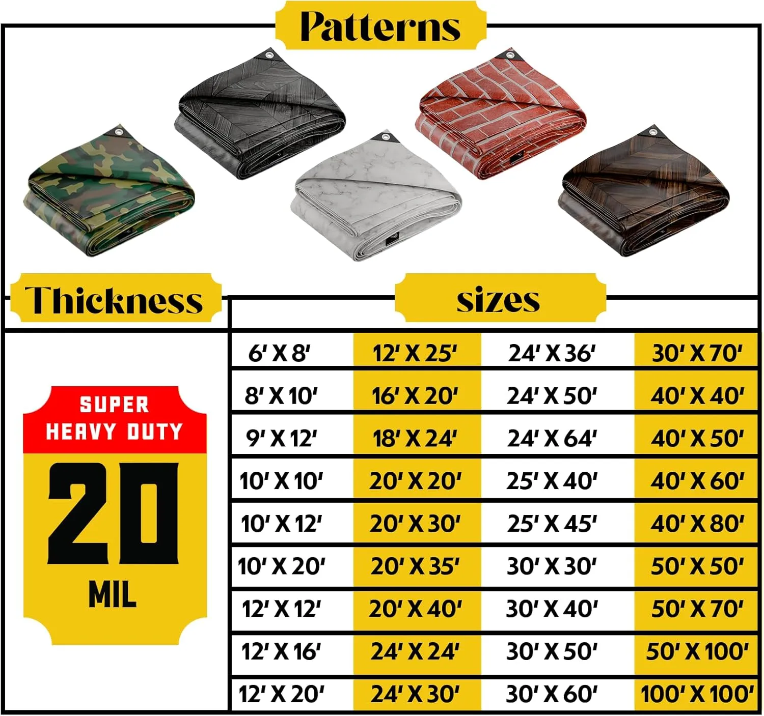 Core Tarps Extreme Heavy Duty 20 Mil Tarp Cover, Waterproof, UV Resistant, Rip and Tear Proof, Poly Tarpaulin with Reinforced Edges for Roof, Camping, Patio, Pool, Boat (Bricks/Black 12′ X 12′)