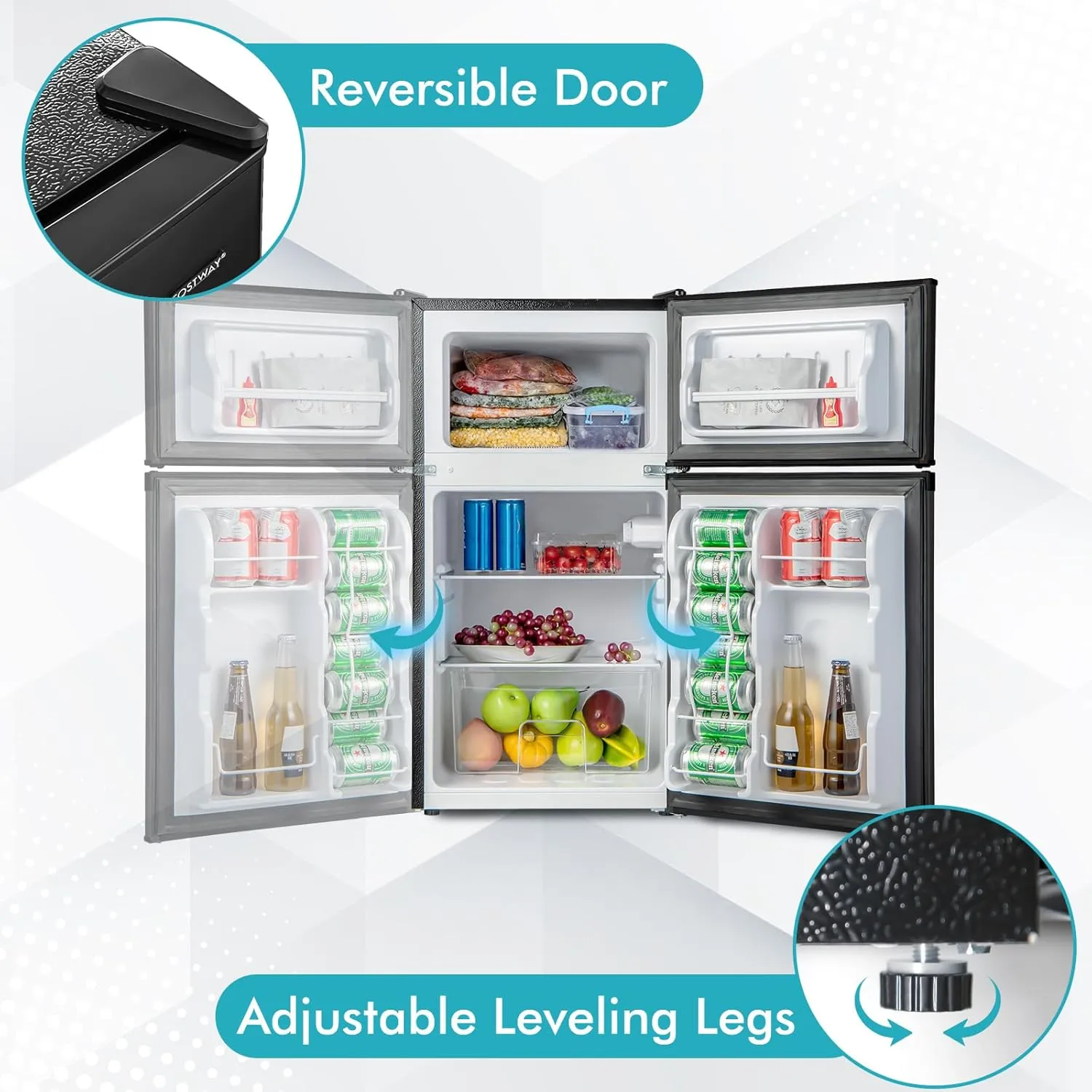 COSTWAY Compact Refrigerator, 3.2 Cu.Ft. Fridge Freezer Compartment with Reversible 2 Door, Adjustable Thermostat, Removable Glass Shelves, Mini Refrigerator for Bedroom Dorm Apartment, Black
