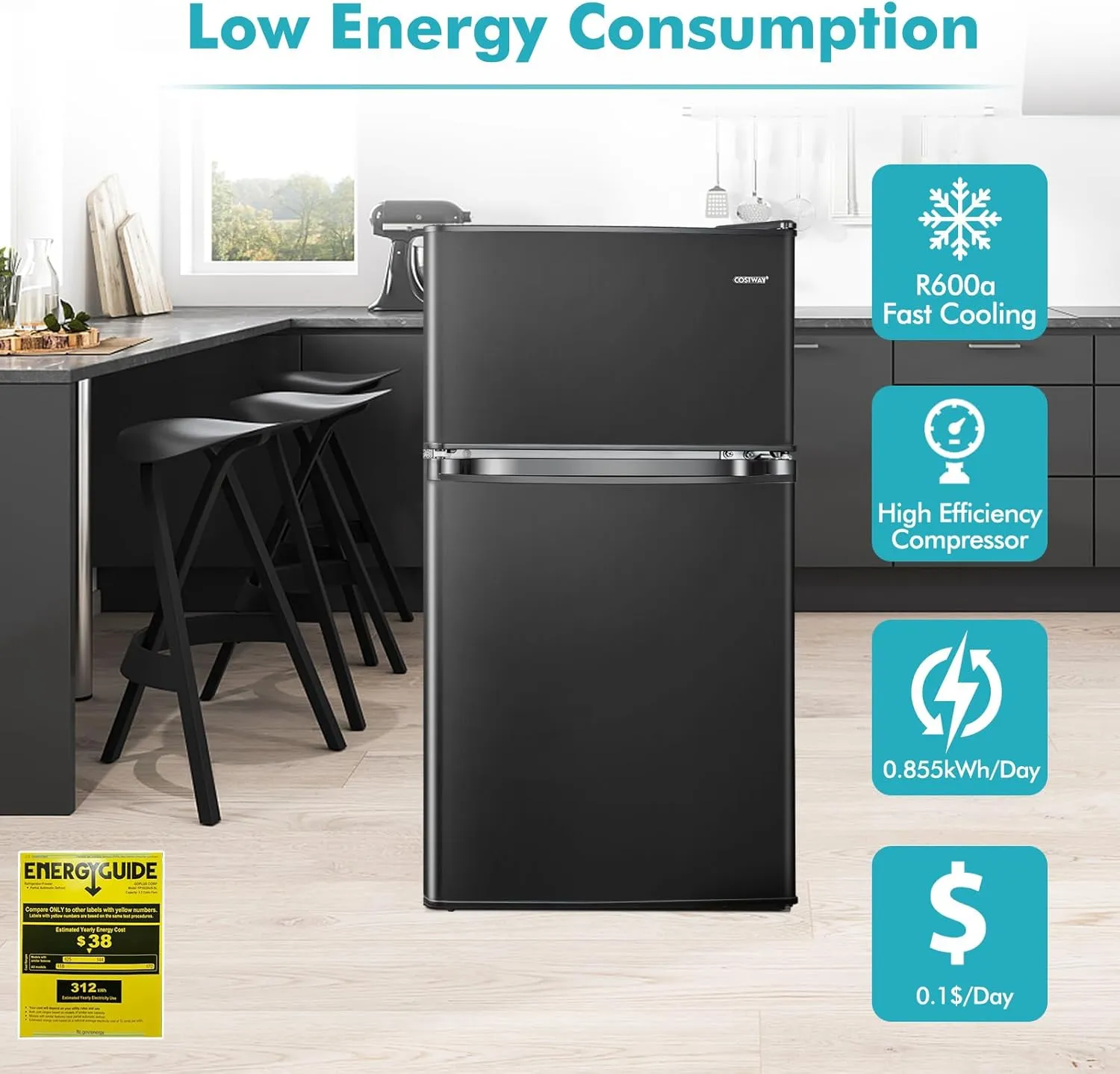 COSTWAY Compact Refrigerator, 3.2 Cu.Ft. Fridge Freezer Compartment with Reversible 2 Door, Adjustable Thermostat, Removable Glass Shelves, Mini Refrigerator for Bedroom Dorm Apartment, Black