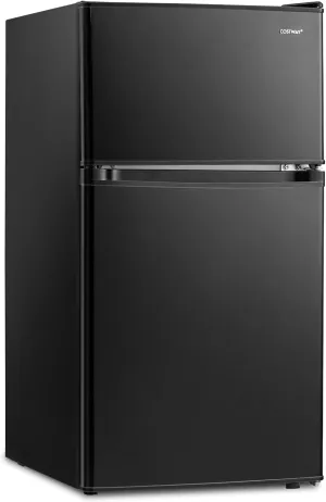 COSTWAY Compact Refrigerator, 3.2 Cu.Ft. Fridge Freezer Compartment with Reversible 2 Door, Adjustable Thermostat, Removable Glass Shelves, Mini Refrigerator for Bedroom Dorm Apartment, Black