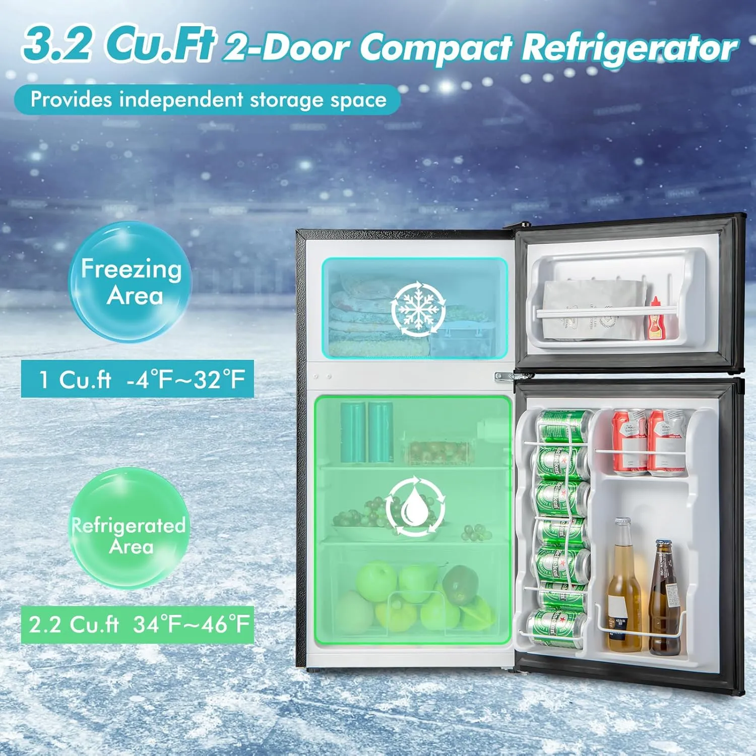COSTWAY Compact Refrigerator, 3.2 Cu.Ft. Fridge Freezer Compartment with Reversible 2 Door, Adjustable Thermostat, Removable Glass Shelves, Mini Refrigerator for Bedroom Dorm Apartment, Black