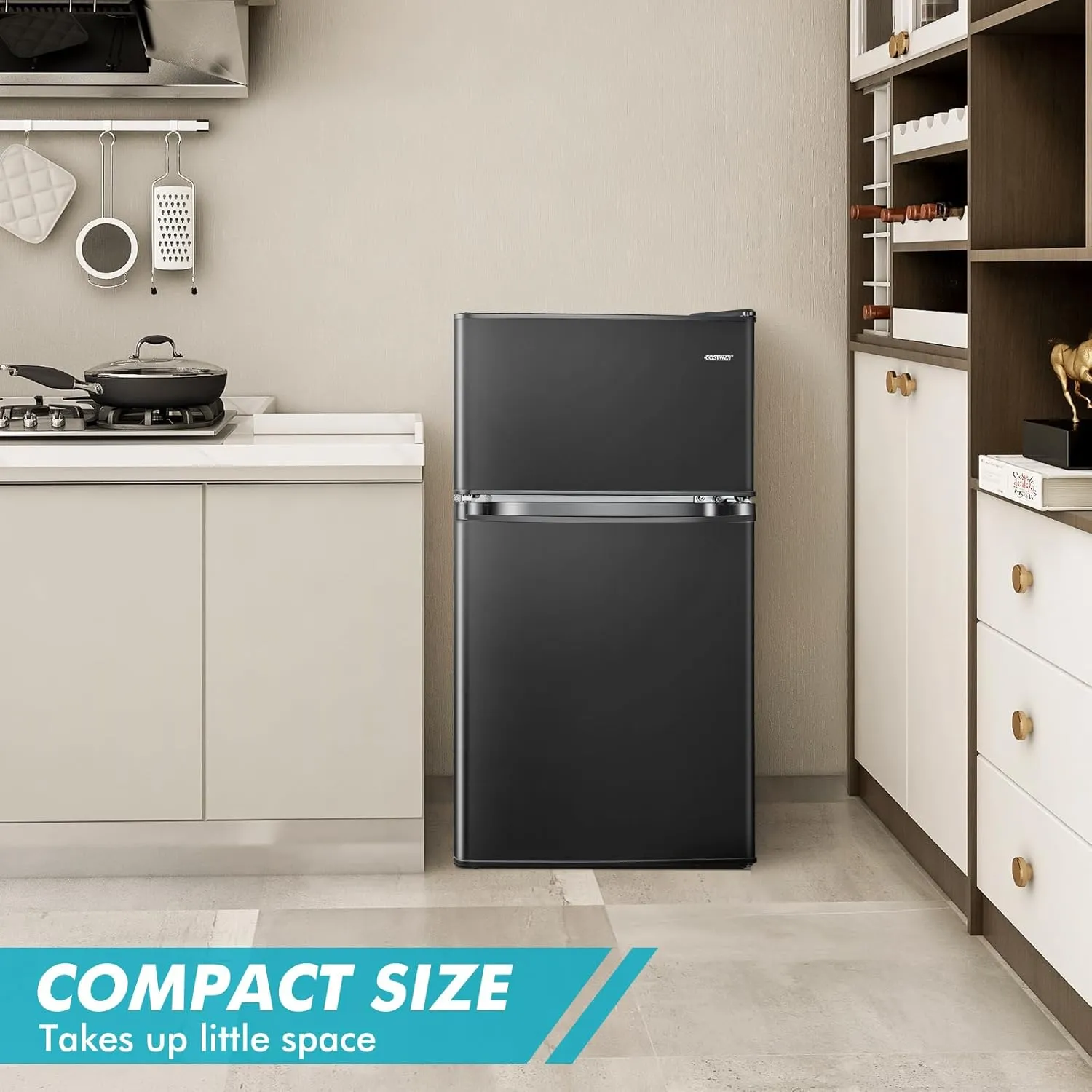 COSTWAY Compact Refrigerator, 3.2 Cu.Ft. Fridge Freezer Compartment with Reversible 2 Door, Adjustable Thermostat, Removable Glass Shelves, Mini Refrigerator for Bedroom Dorm Apartment, Black