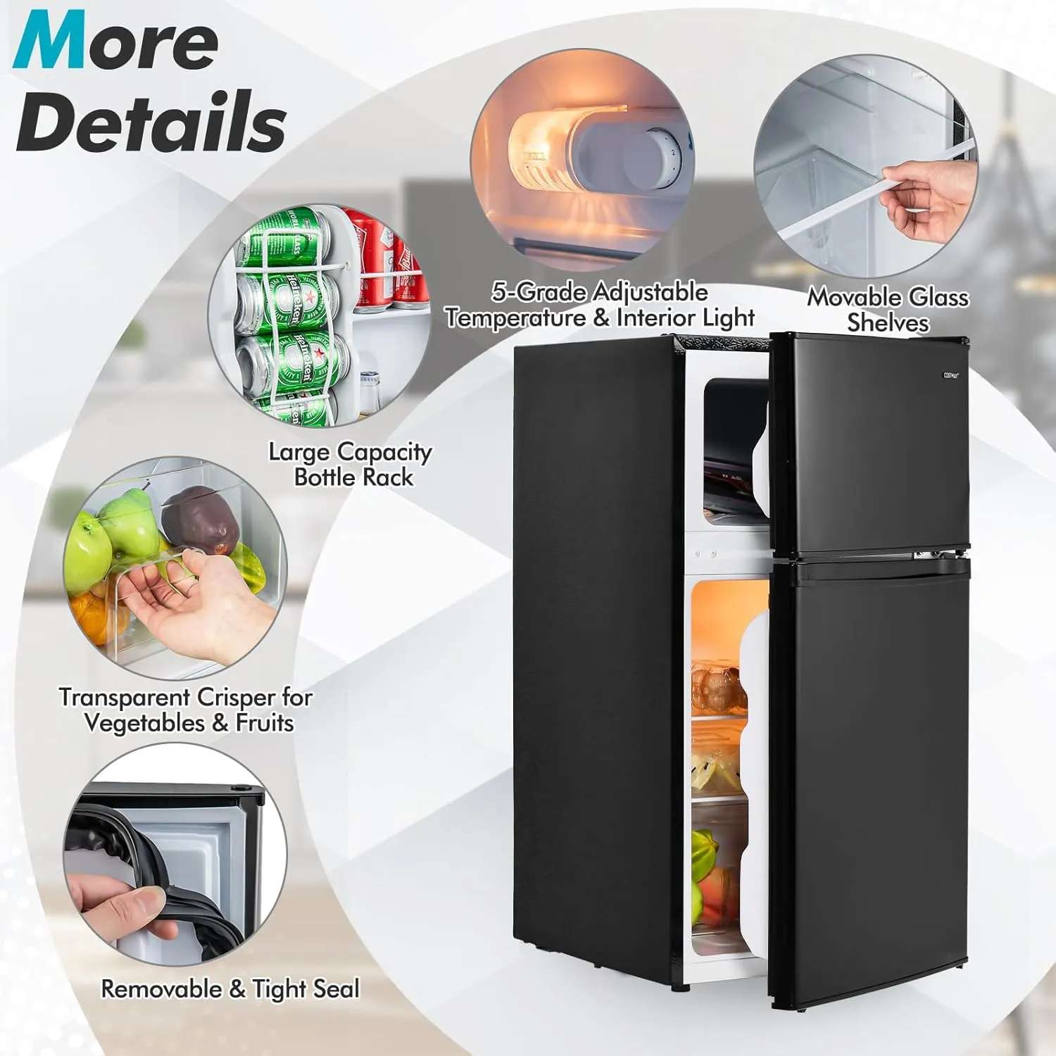 COSTWAY Compact Refrigerator, 3.2 Cu.Ft. Fridge Freezer Compartment with Reversible 2 Door, Adjustable Thermostat, Removable Glass Shelves, Mini Refrigerator for Bedroom Dorm Apartment, Black