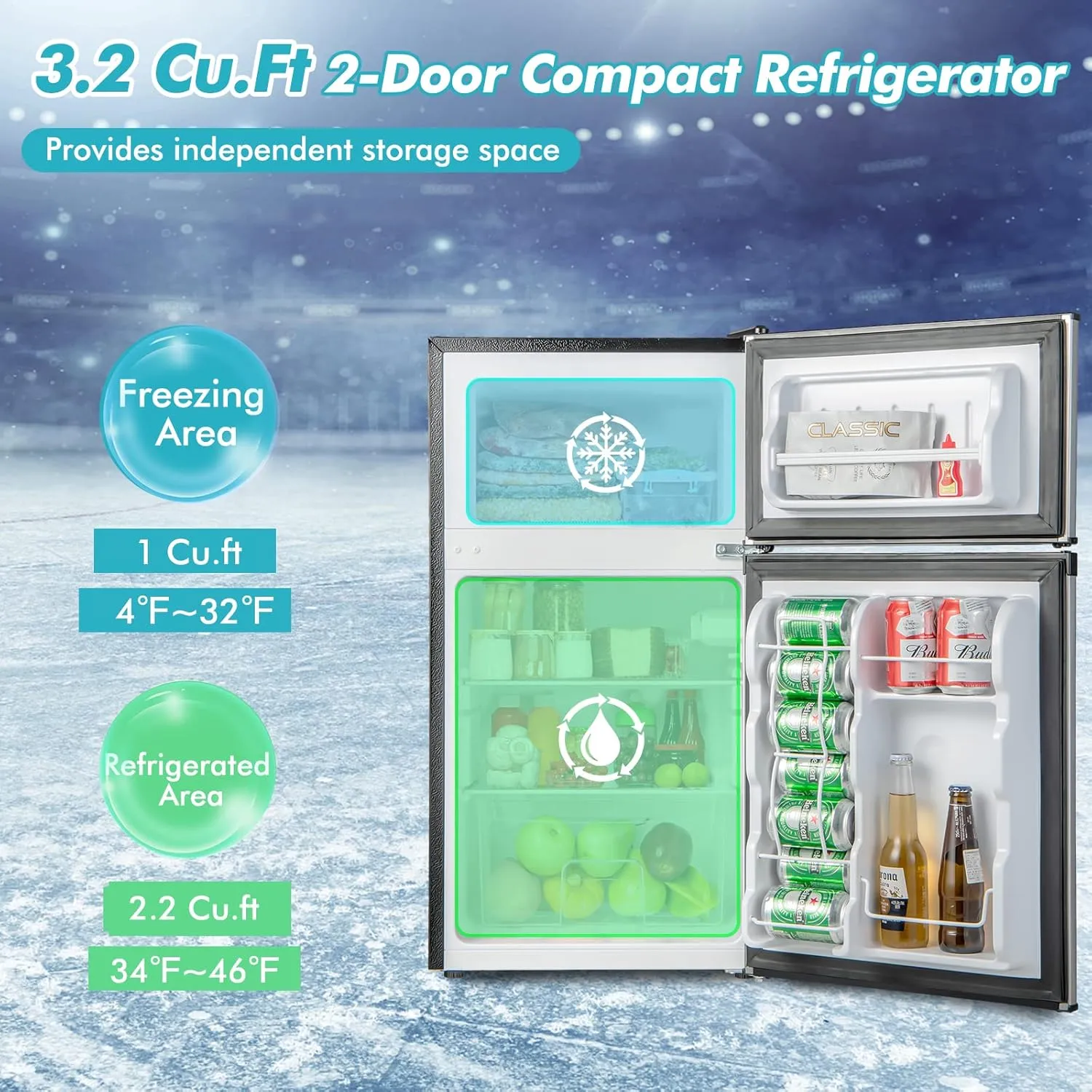 COSTWAY Compact Refrigerator, 3.2 Cu.Ft. Fridge Freezer Compartment with Reversible 2 Door, Adjustable Thermostat, Removable Glass Shelves, Mini Refrigerator for Bedroom Dorm Apartment, Silver