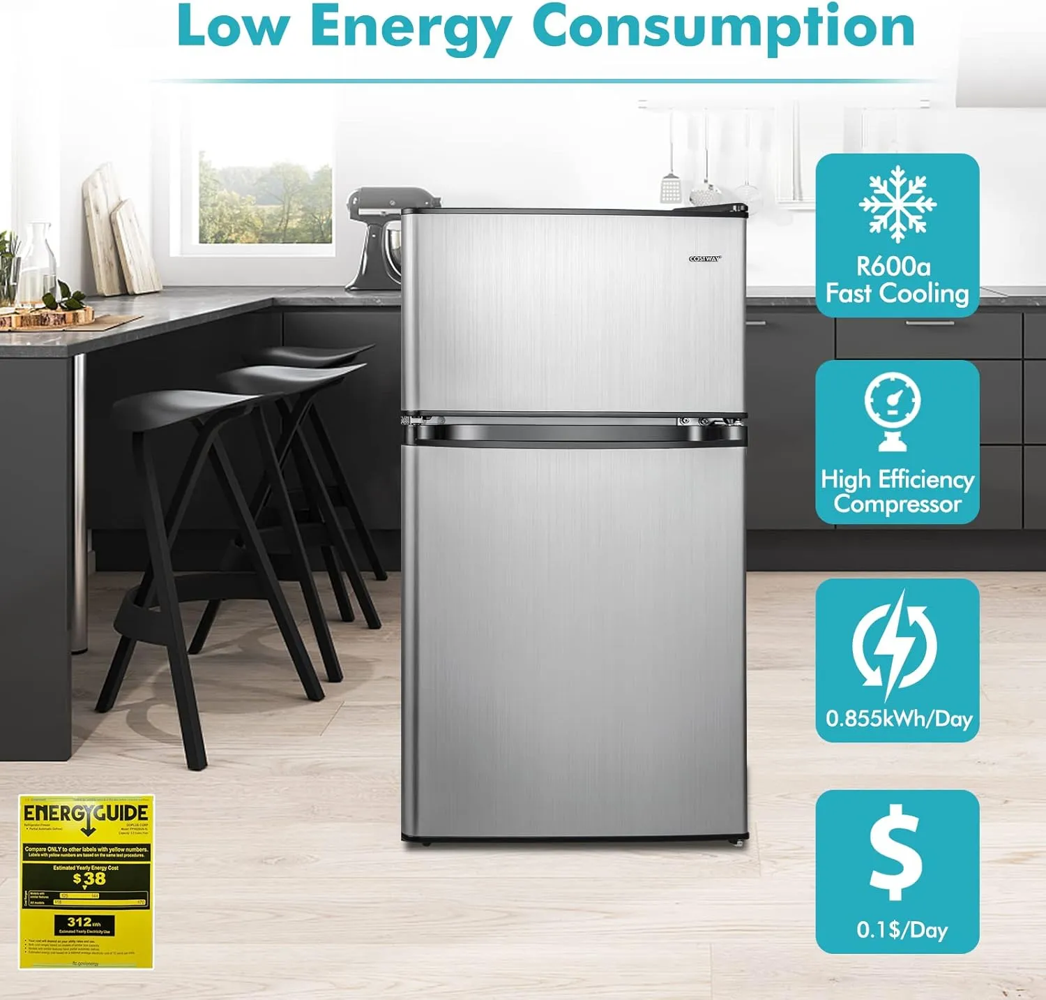 COSTWAY Compact Refrigerator, 3.2 Cu.Ft. Fridge Freezer Compartment with Reversible 2 Door, Adjustable Thermostat, Removable Glass Shelves, Mini Refrigerator for Bedroom Dorm Apartment, Silver