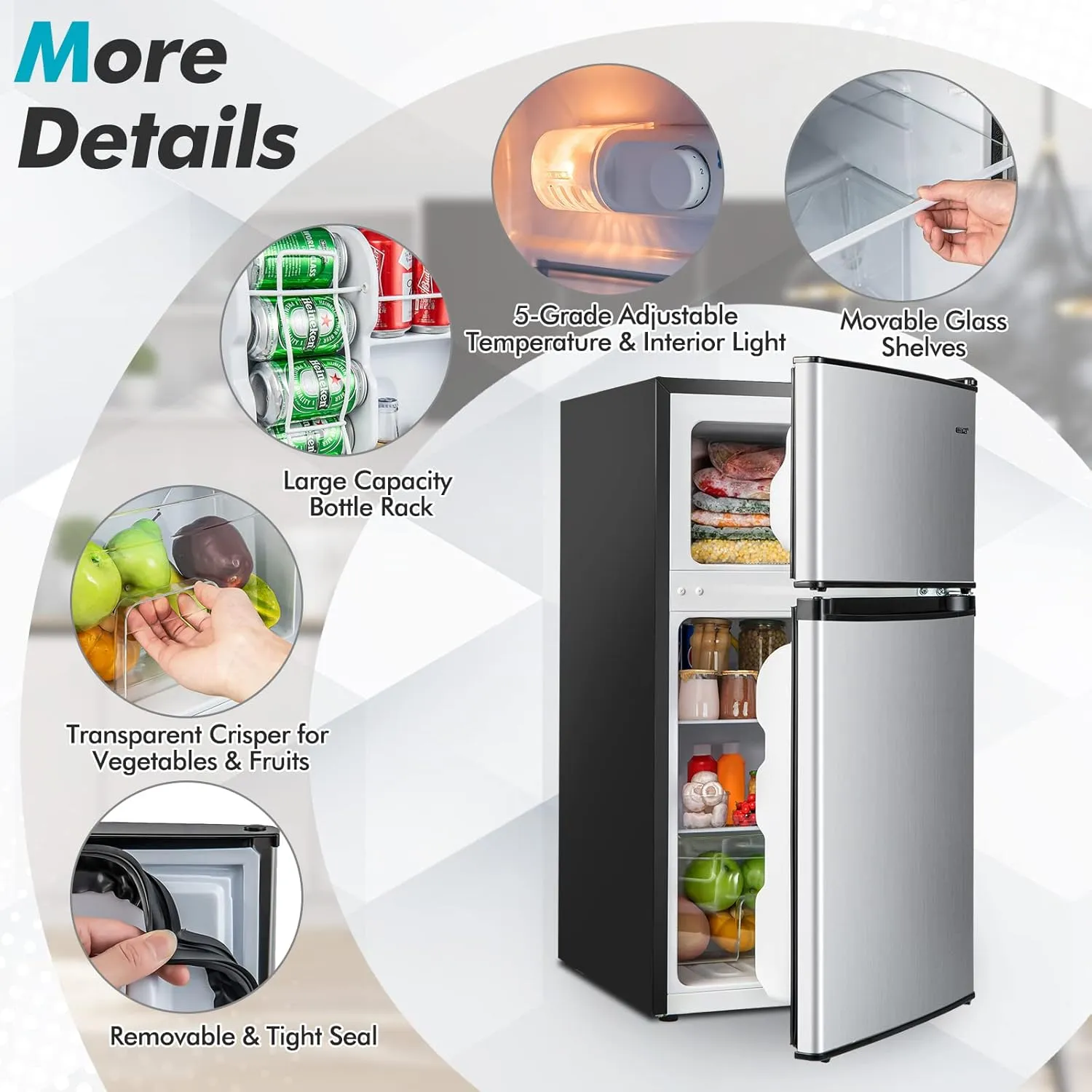 COSTWAY Compact Refrigerator, 3.2 Cu.Ft. Fridge Freezer Compartment with Reversible 2 Door, Adjustable Thermostat, Removable Glass Shelves, Mini Refrigerator for Bedroom Dorm Apartment, Silver