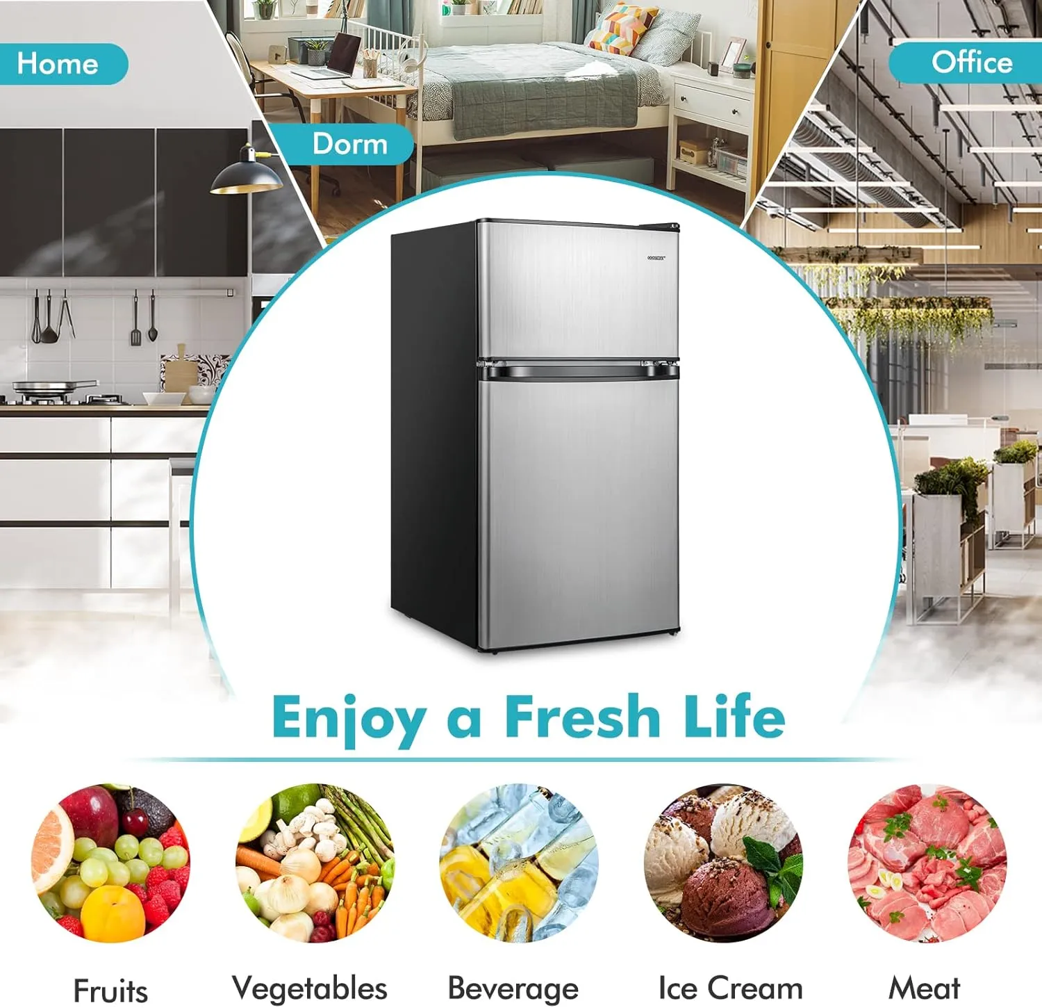 COSTWAY Compact Refrigerator, 3.2 Cu.Ft. Fridge Freezer Compartment with Reversible 2 Door, Adjustable Thermostat, Removable Glass Shelves, Mini Refrigerator for Bedroom Dorm Apartment, Silver