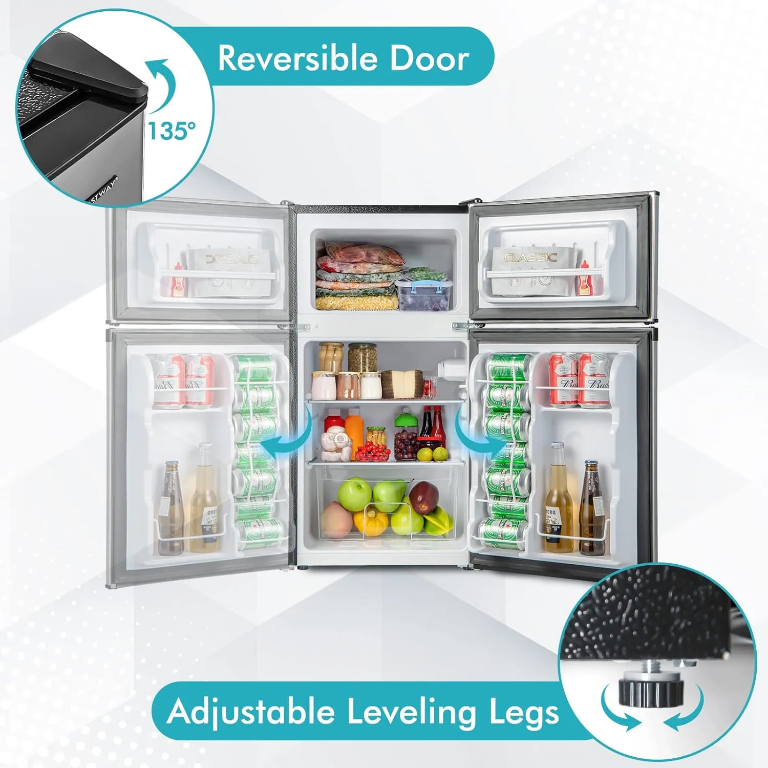 COSTWAY Compact Refrigerator, 3.2 Cu.Ft. Fridge Freezer Compartment with Reversible 2 Door, Adjustable Thermostat, Removable Glass Shelves, Mini Refrigerator for Bedroom Dorm Apartment, Silver