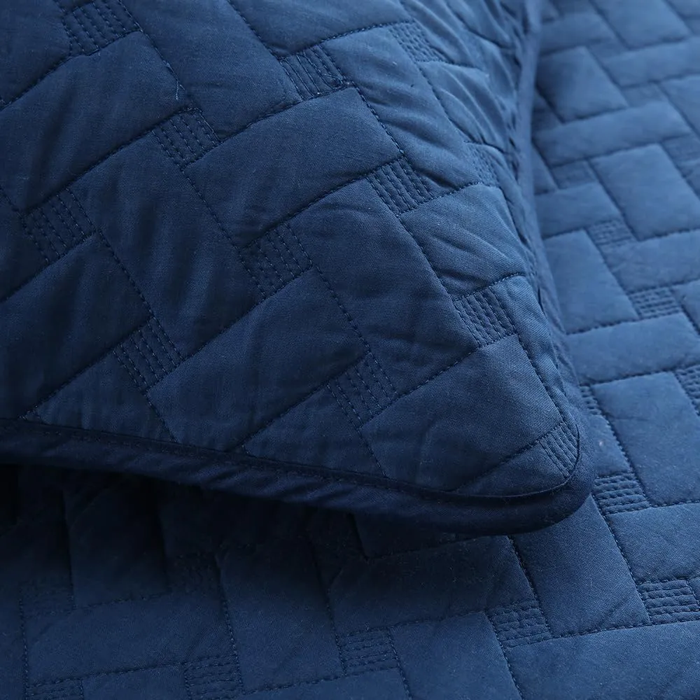 Cotton King Quilt Bedding Sets, 3 Pieces Reversible Lightweight Coverlets Comforters Bedspreads for All Seasons,Weave Stitching Pattern, Navy Blue