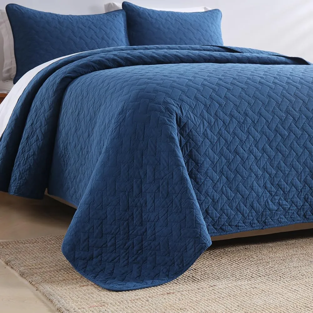 Cotton King Quilt Bedding Sets, 3 Pieces Reversible Lightweight Coverlets Comforters Bedspreads for All Seasons,Weave Stitching Pattern, Navy Blue