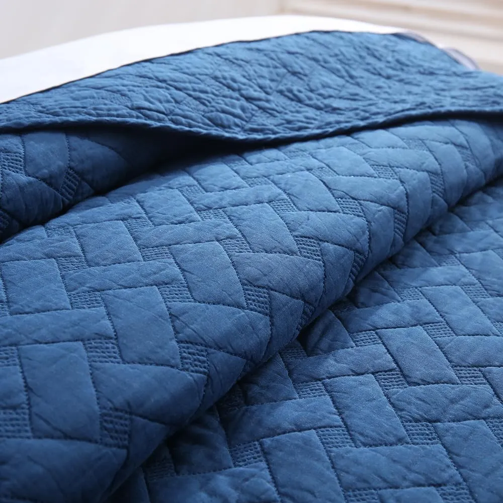 Cotton King Quilt Bedding Sets, 3 Pieces Reversible Lightweight Coverlets Comforters Bedspreads for All Seasons,Weave Stitching Pattern, Navy Blue