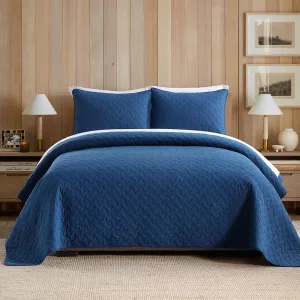 Cotton King Quilt Bedding Sets, 3 Pieces Reversible Lightweight Coverlets Comforters Bedspreads for All Seasons,Weave Stitching Pattern, Navy Blue