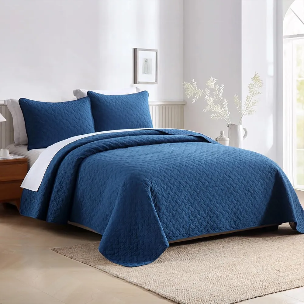 Cotton King Quilt Bedding Sets, 3 Pieces Reversible Lightweight Coverlets Comforters Bedspreads for All Seasons,Weave Stitching Pattern, Navy Blue