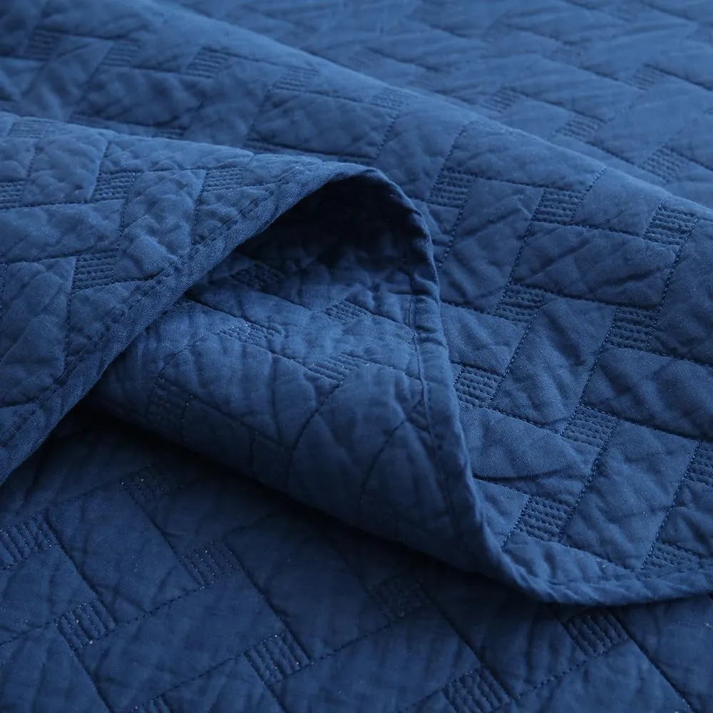 Cotton King Quilt Bedding Sets, 3 Pieces Reversible Lightweight Coverlets Comforters Bedspreads for All Seasons,Weave Stitching Pattern, Navy Blue