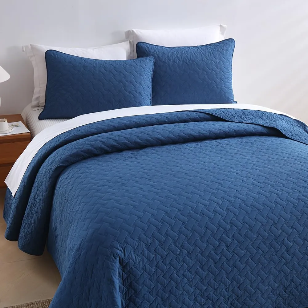 Cotton King Quilt Bedding Sets, 3 Pieces Reversible Lightweight Coverlets Comforters Bedspreads for All Seasons,Weave Stitching Pattern, Navy Blue