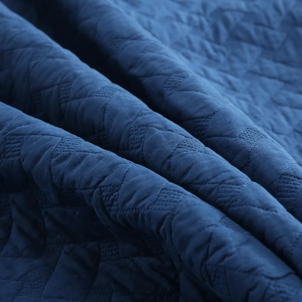Cotton King Quilt Bedding Sets, 3 Pieces Reversible Lightweight Coverlets Comforters Bedspreads for All Seasons,Weave Stitching Pattern, Navy Blue
