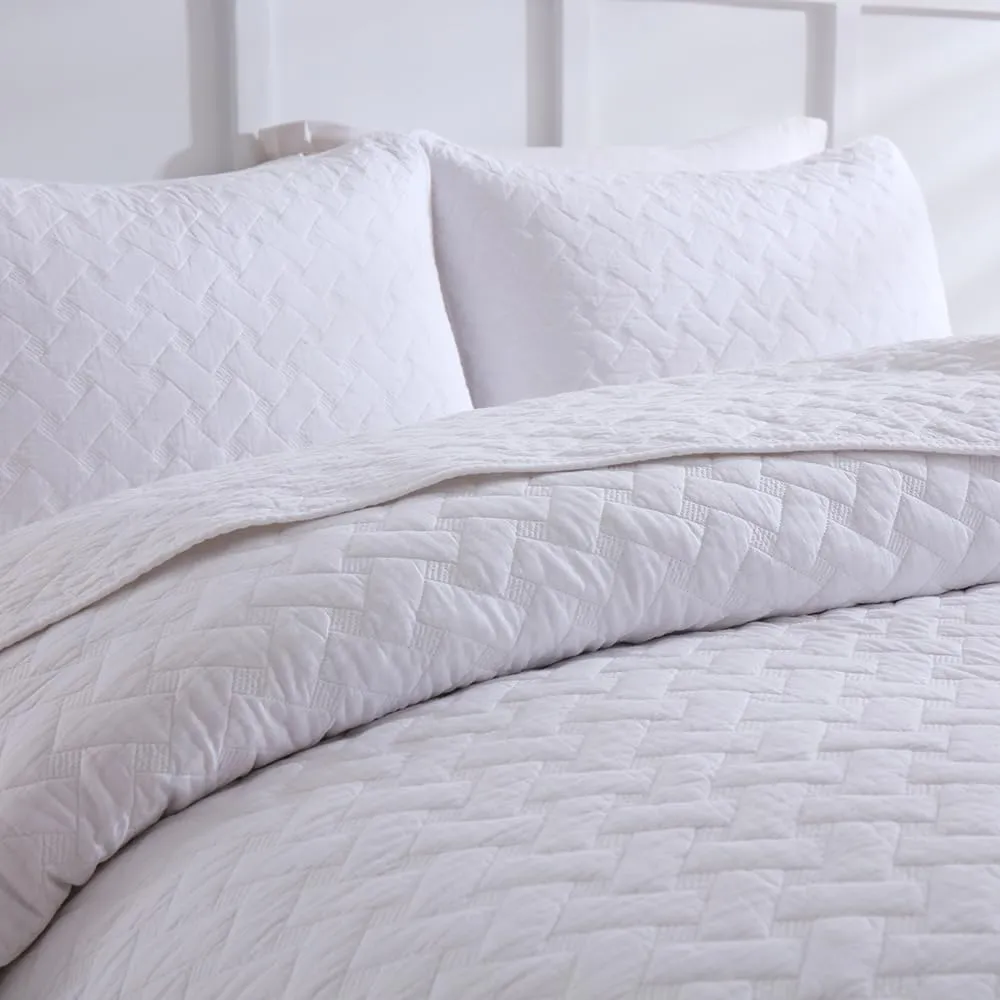 Cotton King Quilt Bedding Sets, 3 Pieces Reversible Lightweight Coverlets Comforters Bedspreads for All Seasons,Weave Stitching Pattern, White