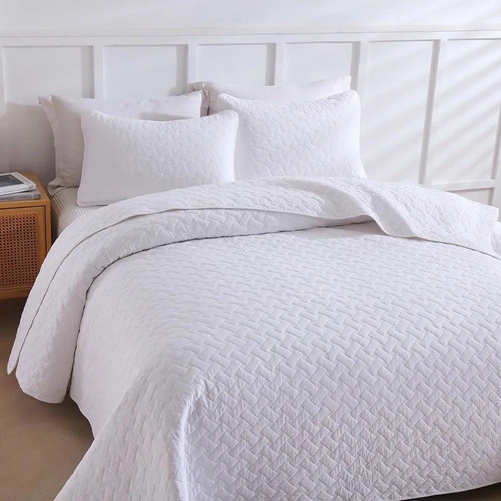 Cotton King Quilt Bedding Sets, 3 Pieces Reversible Lightweight Coverlets Comforters Bedspreads for All Seasons,Weave Stitching Pattern, White