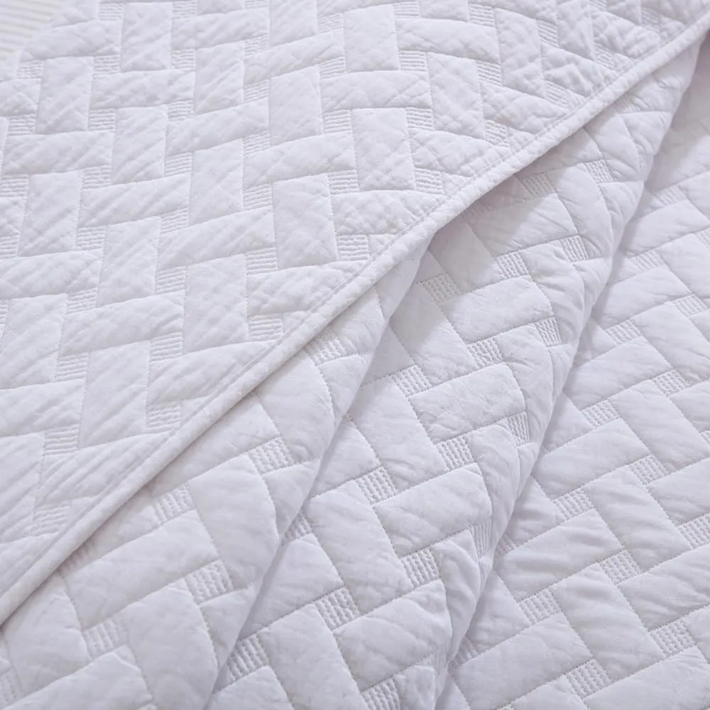 Cotton King Quilt Bedding Sets, 3 Pieces Reversible Lightweight Coverlets Comforters Bedspreads for All Seasons,Weave Stitching Pattern, White