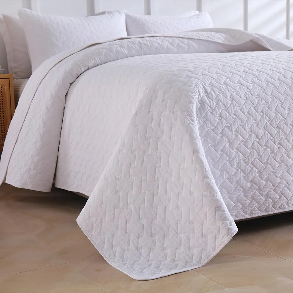 Cotton King Quilt Bedding Sets, 3 Pieces Reversible Lightweight Coverlets Comforters Bedspreads for All Seasons,Weave Stitching Pattern, White
