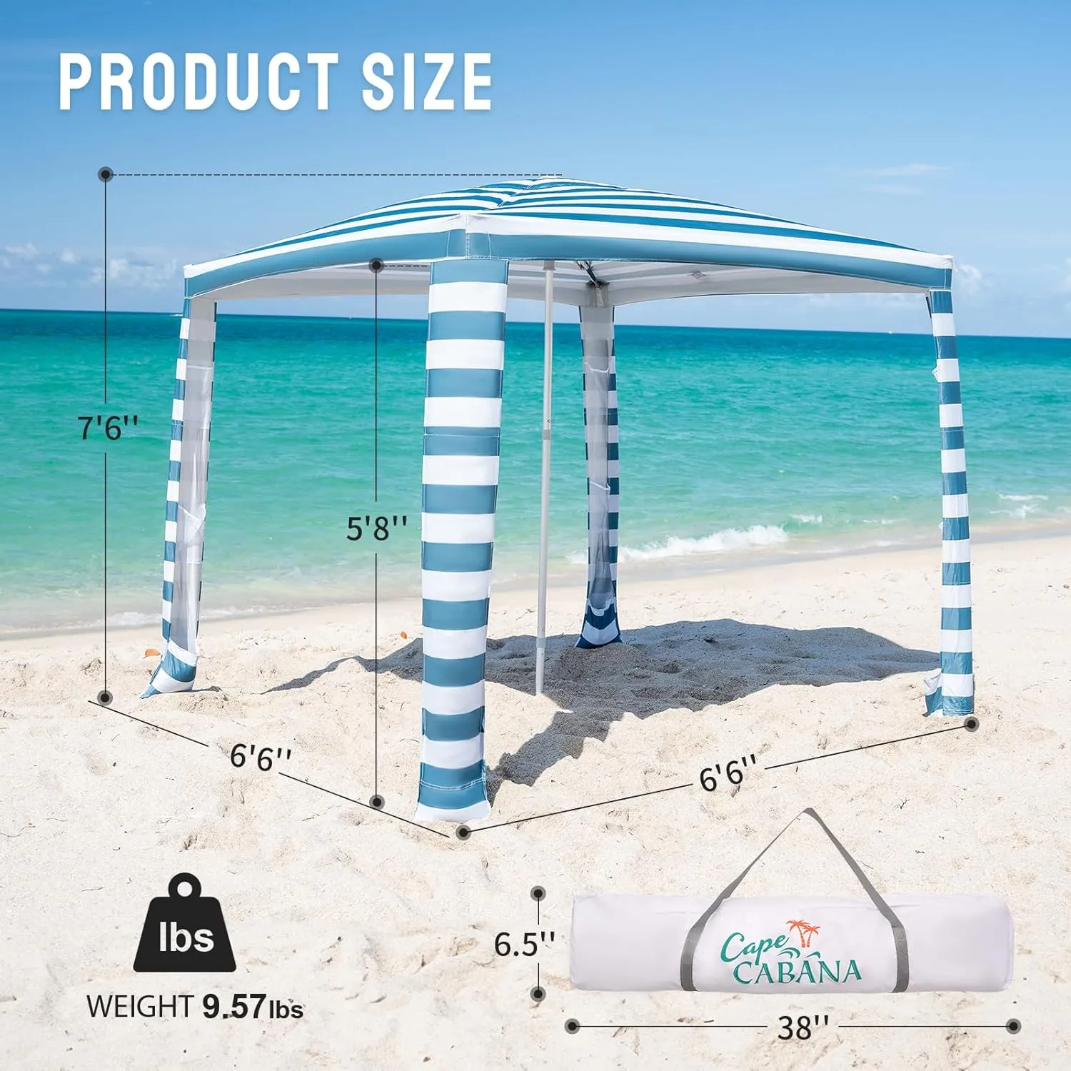 CROWN SHADES Beach Cabana 6.5 x 6.5, Cool Cabana Beach Tent Easy Pop Up - Beach Cabanas for Sand - UPF50  Protection with Sidewall and More Pockets, Cyan Blue