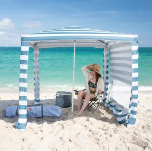 CROWN SHADES Beach Cabana 6.5 x 6.5, Cool Cabana Beach Tent Easy Pop Up - Beach Cabanas for Sand - UPF50  Protection with Sidewall and More Pockets, Cyan Blue