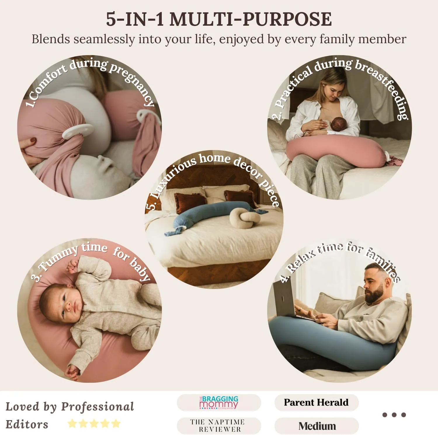 Cuddobaby Pregnancy Pillow 5-in-1 【Cooling Cover, Adjustable Firmness】 Patented Lock Design, Turn into O-Shape Nursing Pillow, 5-Point Full Body Support, Maternity Pillow with Travel Bag - Pink