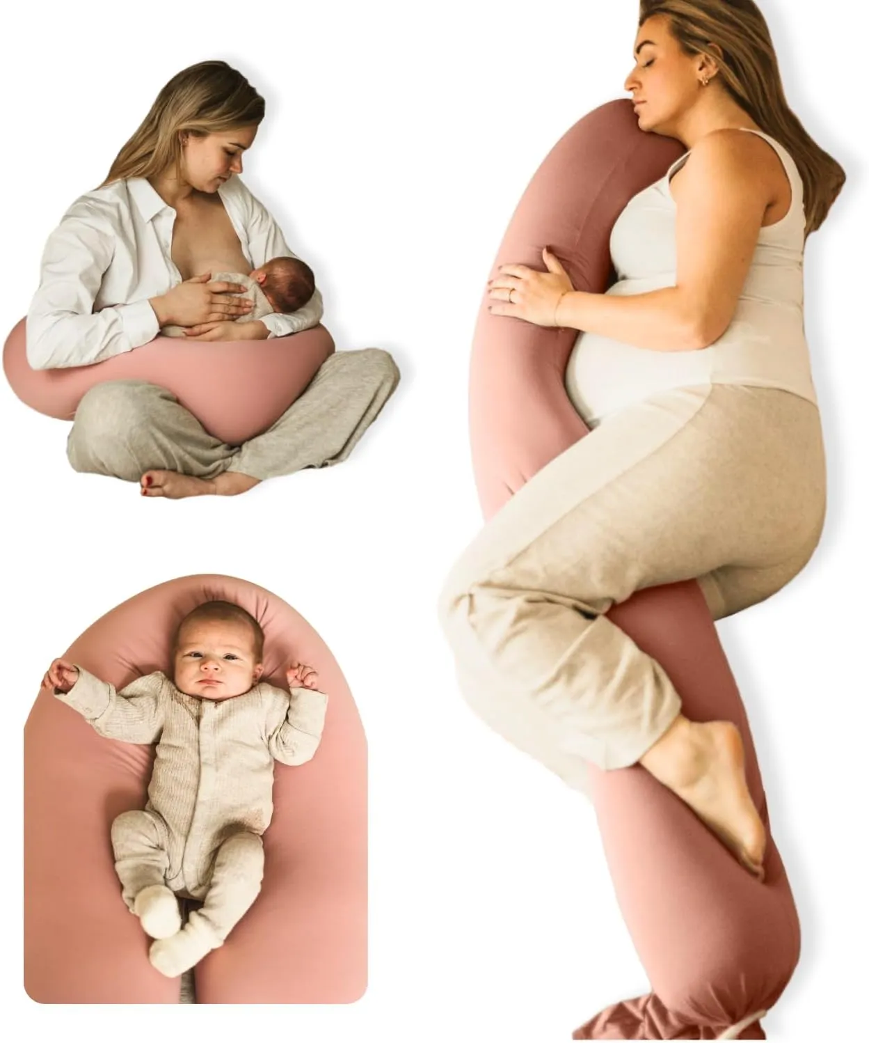 Cuddobaby Pregnancy Pillow 5-in-1 【Cooling Cover, Adjustable Firmness】 Patented Lock Design, Turn into O-Shape Nursing Pillow, 5-Point Full Body Support, Maternity Pillow with Travel Bag - Pink