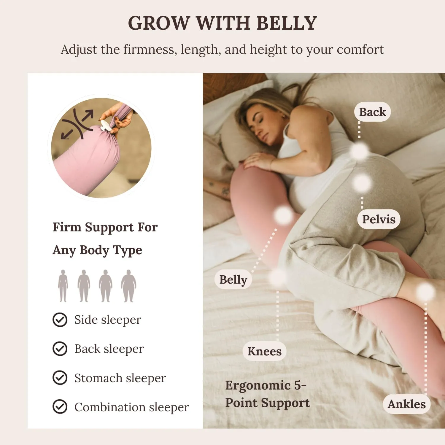 Cuddobaby Pregnancy Pillow 5-in-1 【Cooling Cover, Adjustable Firmness】 Patented Lock Design, Turn into O-Shape Nursing Pillow, 5-Point Full Body Support, Maternity Pillow with Travel Bag - Pink