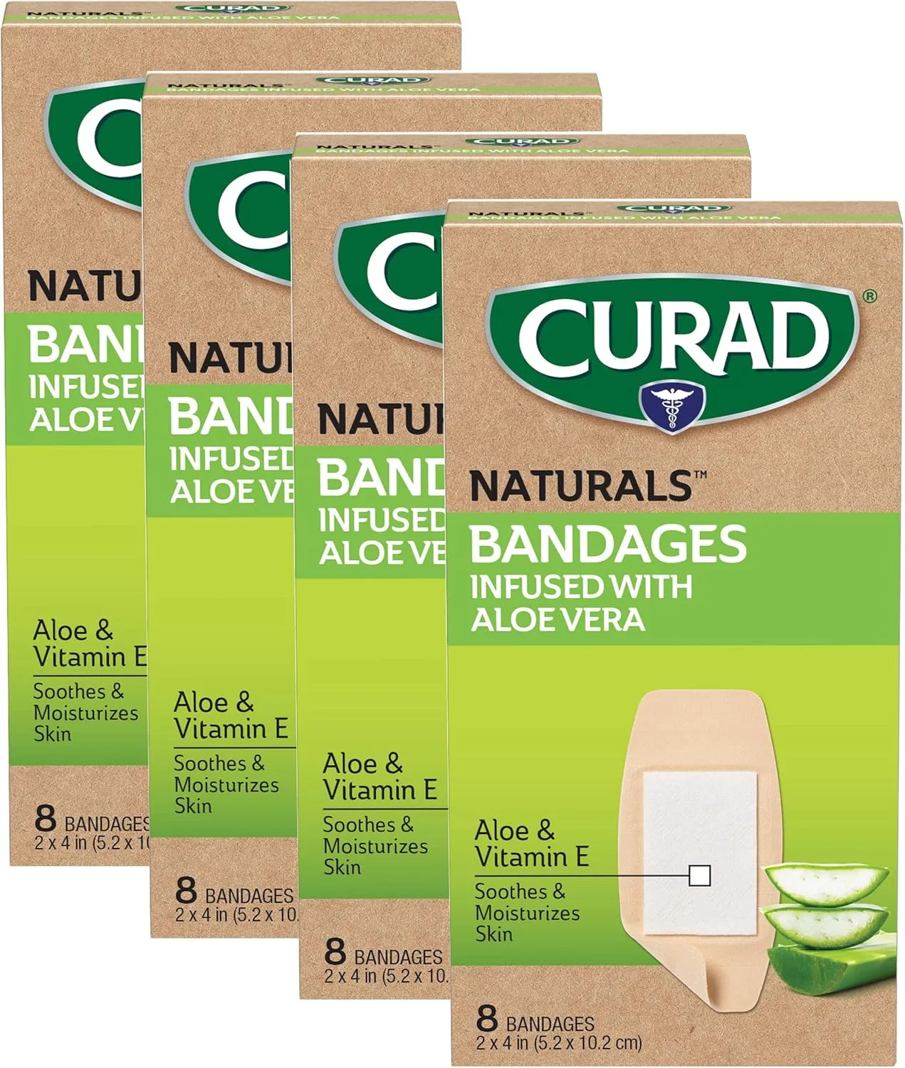 CURAD Naturals Aloe Vera & Vitamin E Bandages 2" x 4", Individually Wrapped Sterile Bandage, First Aid Kit Essential, Protects Scrapes and Cuts, Absorbent and Self-Adhesive, 8-Count-4 Boxes