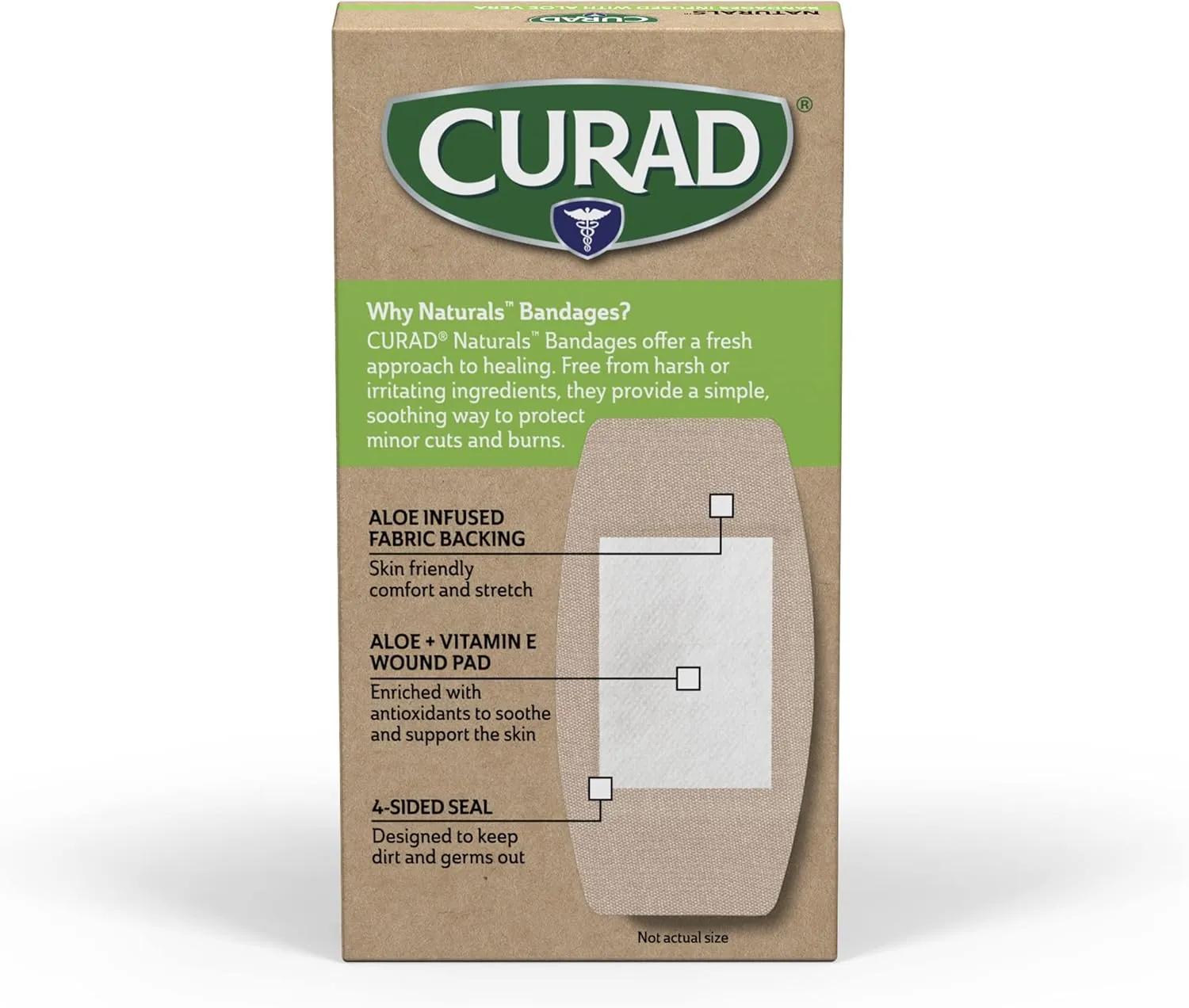 CURAD Naturals Aloe Vera & Vitamin E Bandages 2" x 4", Individually Wrapped Sterile Bandage, First Aid Kit Essential, Protects Scrapes and Cuts, Absorbent and Self-Adhesive, 8-Count-4 Boxes