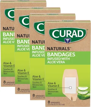 CURAD Naturals Aloe Vera & Vitamin E Bandages 2" x 4", Individually Wrapped Sterile Bandage, First Aid Kit Essential, Protects Scrapes and Cuts, Absorbent and Self-Adhesive, 8-Count-4 Boxes