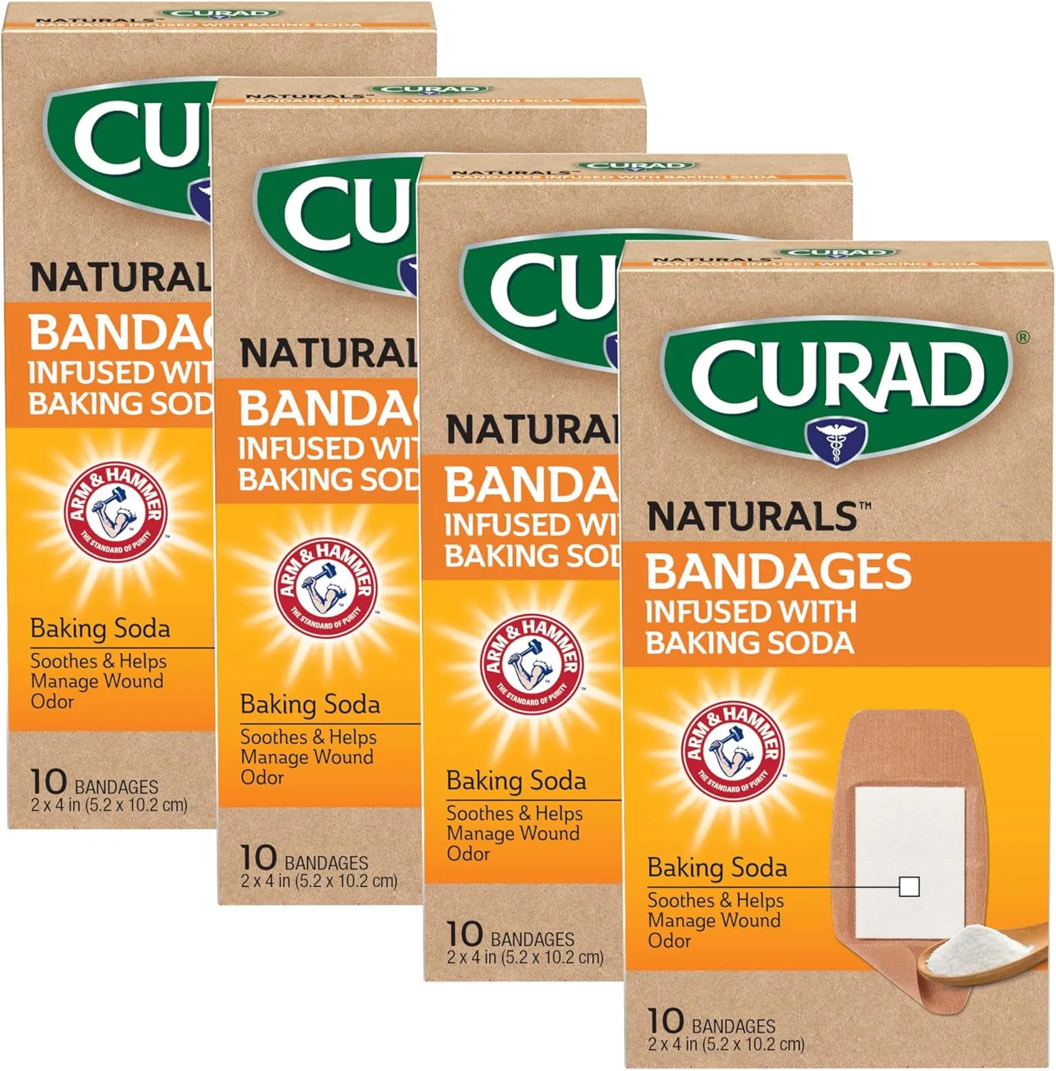 CURAD Naturals ARM & Hammer Baking Soda Bandages 2" x 4", Individually Wrapped Sterile Bandage, First Aid Kit Essential, Protects Scrapes and Cuts, Absorbent and Self-Adhesive,10-Count-4 Boxes