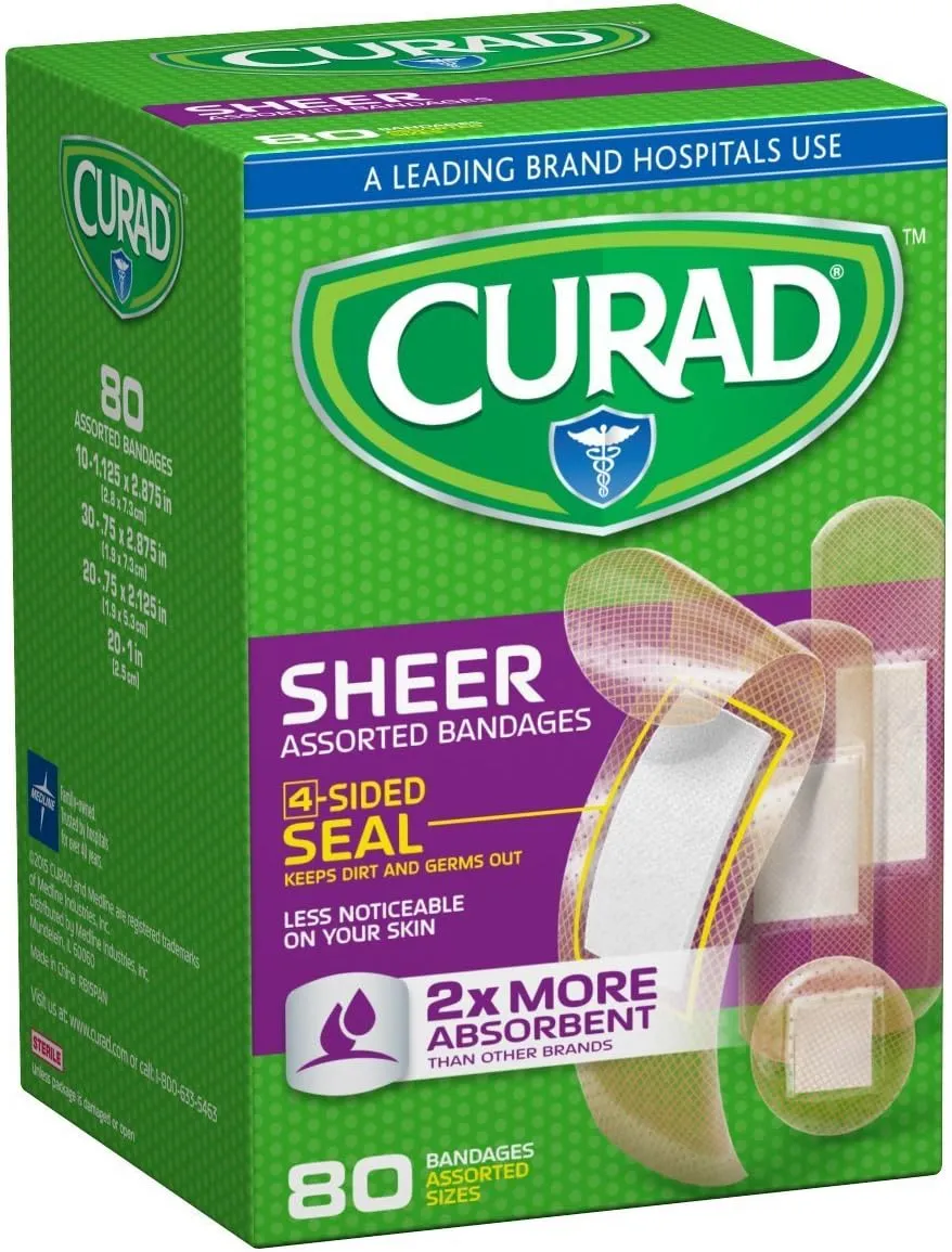CURAD Sheer Adhesive Bandages, 4-Sided Seal, Assorted Sizes, Advanced Wound Care, 80 Count, Pack of 4
