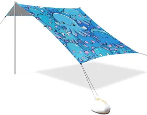 Cute Cartoon Blue Animal sea Designed UPF50  Foldable Beach Cabana Easy Setup Sun Shelter with Sturdy Poles, Sandbags and Shovel for Camping, Picnics, Backyard accesorios para Playa