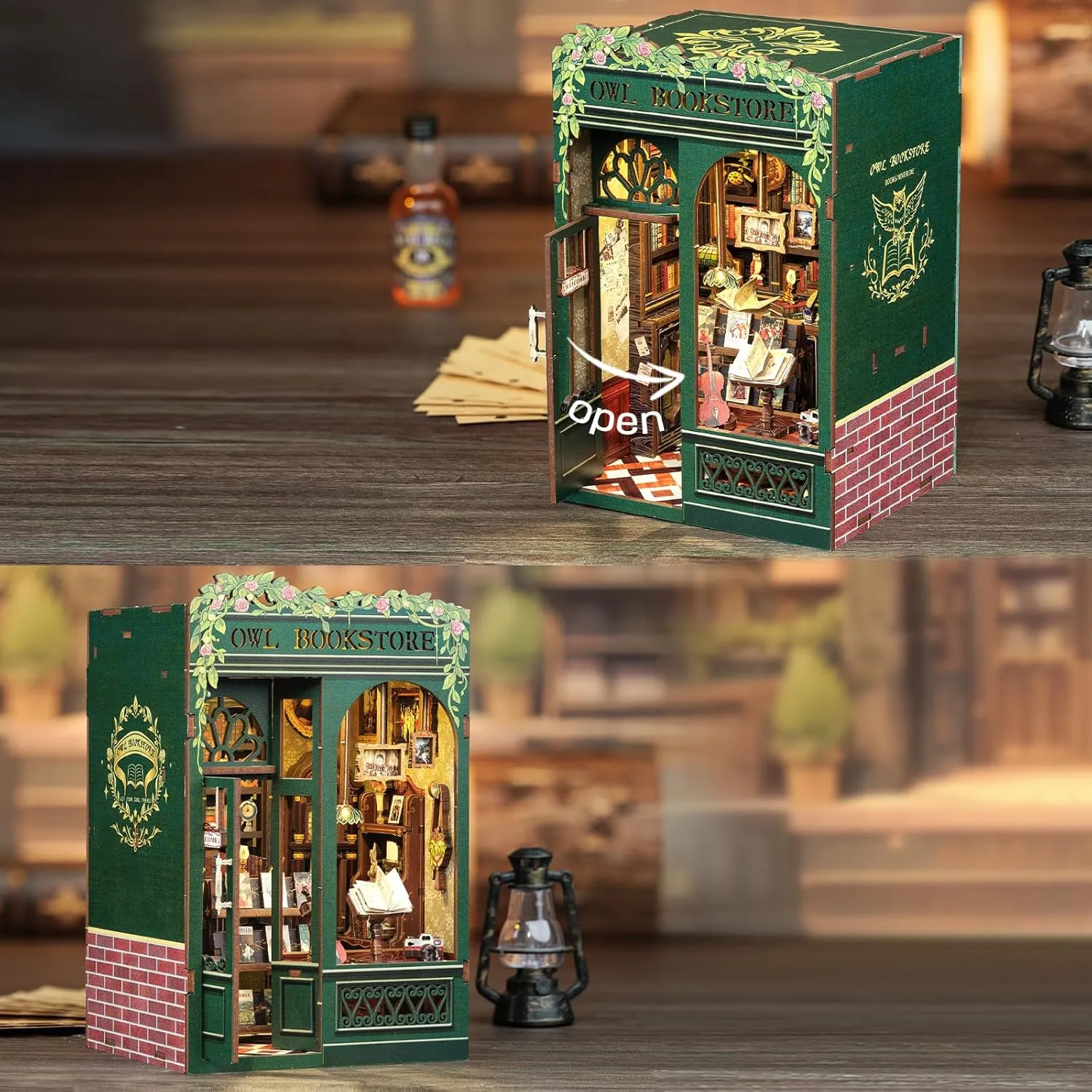 CUTEBEE Book Nook Kit Owl Bookstore - DIY Miniature House Dollhouse Kit for Adult and Teens, Booknook Bookshelf Decor Alley Model Build with LED Light, Gifts for Family and Friends
